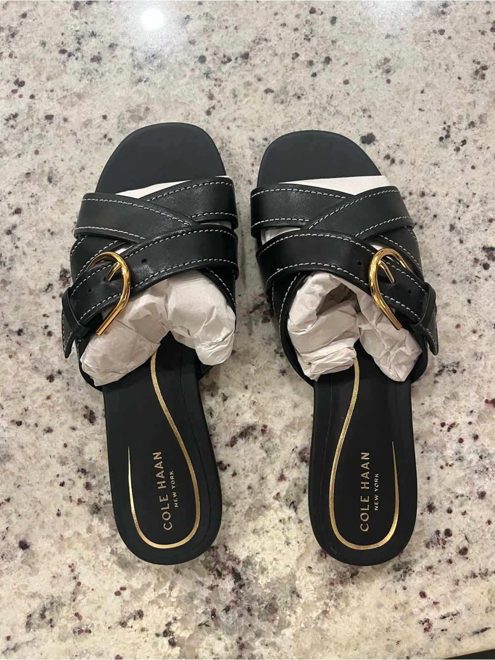 Cole Haan Black Leather Slide Sandals with Gold Buckles